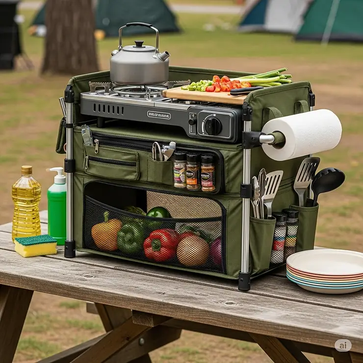 A camp kitchen organizer set up on a tabletop, demonstrating how it keeps food and cooking supplies tidy during meal preparation.