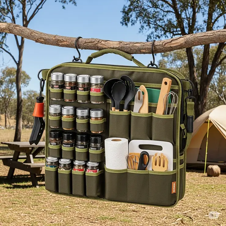 A camp kitchen organizer with dedicated slots for small spice jars, helping to keep seasonings organized for outdoor cooking.