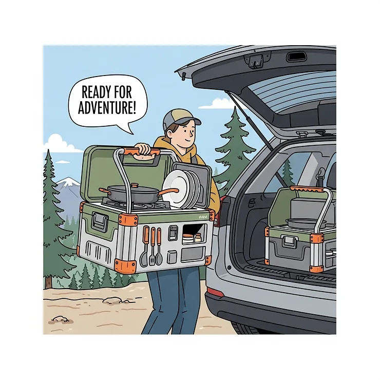 An illustration showing the ultimate portable camp kitchen being easily carried with a handle and loaded into the back of a car, emphasizing its mobility.