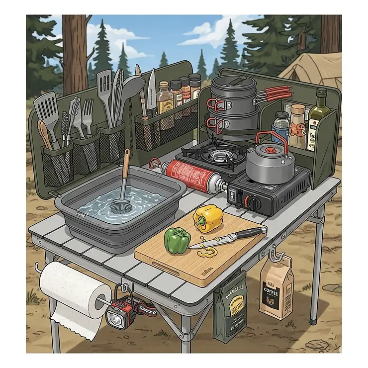 A detailed illustration of a fully-stocked portable camp kitchen laid out on a table, showcasing a collapsible sink, utensil holder, and designated storage for cookware.