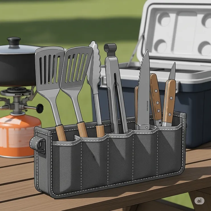 A focused illustration of the portable camp kitchen's utensil holder, showing various cooking tools like spatulas, tongs, and knives neatly organized and ready for use.