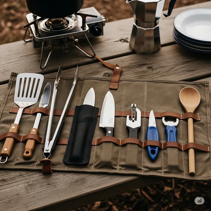 Image of a roll-up organizer filled with various camping kitchen utensils like spatulas, tongs, and knives, ensuring easy access at your camping kitchen station.