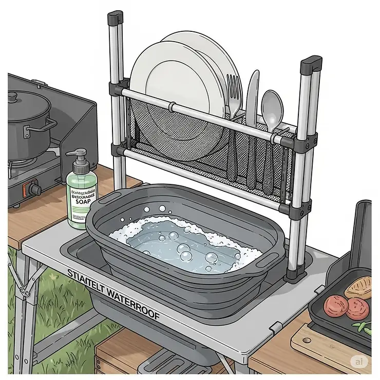 An illustration of the camp kitchen's integrated washing station, complete with a collapsible basin and a convenient drying rack for plates and cutlery.