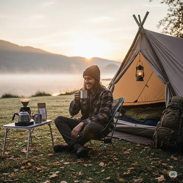 A happy camper sipping from a mug of pour-over coffee while sitting outside their tent during a peaceful morning, enjoying their camping pour over coffee.