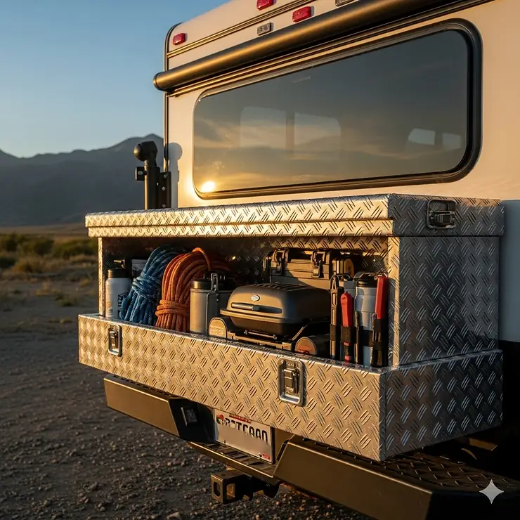 A durable storage box attached to the rear of a truck camper, demonstrating an essential accessory for securing and organizing gear.
