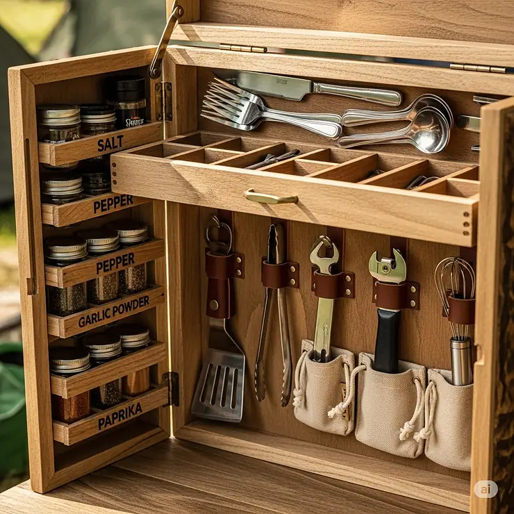 A close-up shot of the interior of a camping chuck box, highlighting the efficient organization of kitchen essentials like spices, cutlery, and cooking tools in dedicated slots.