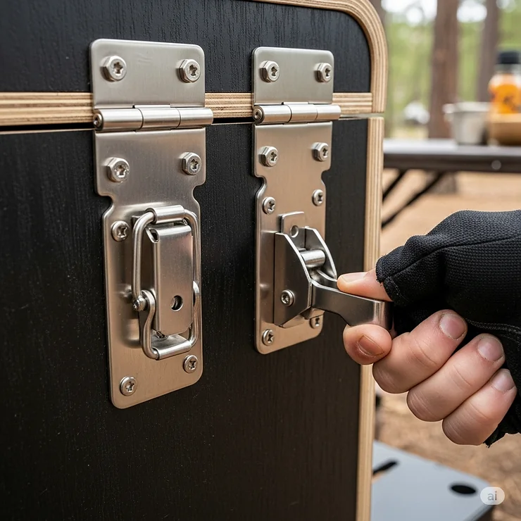 A detailed close-up shot of the heavy-duty hinges and secure latches on a high-quality camping kitchen chuck box, emphasizing its durability and secure closure.