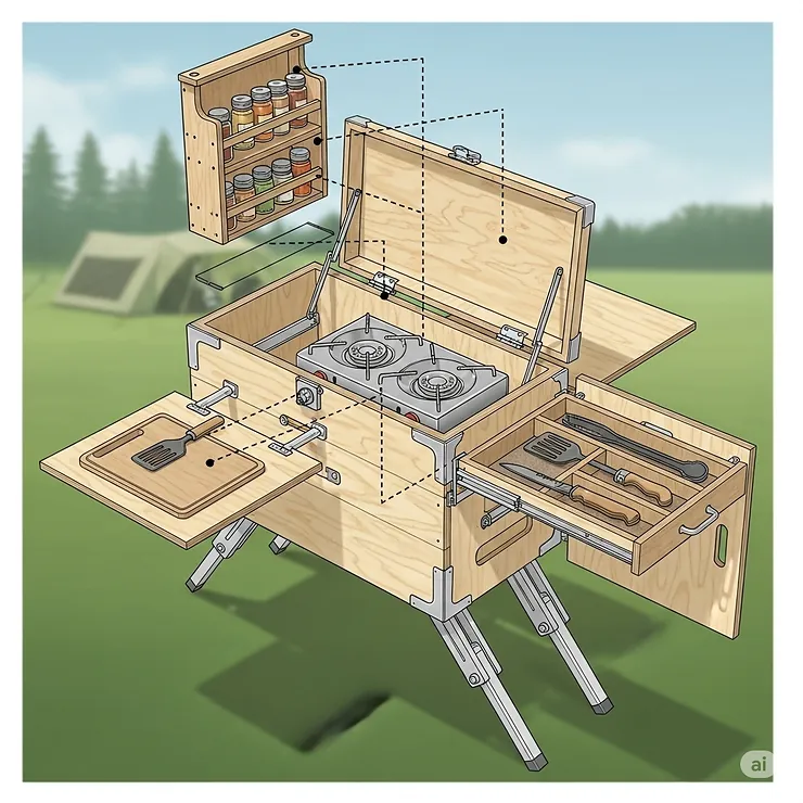 A camping kitchen chuck box illustration that features special add-ons, such as built-in folding legs or a removable spice rack, to enhance its functionality.