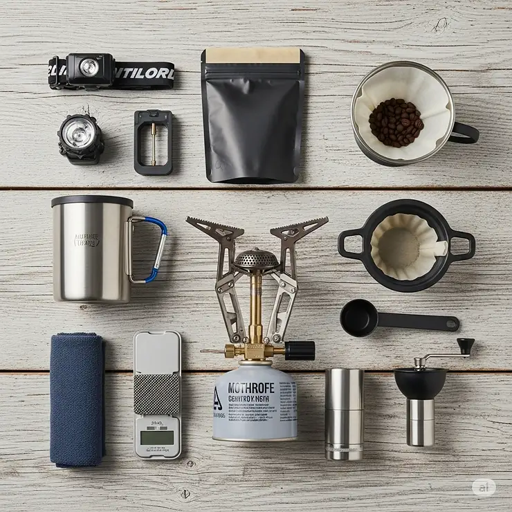 A flat-lay photo displaying a full backpacking coffee setup, including a small stove, gas canister, mug, and various brewing tools, demonstrating the necessary gear.