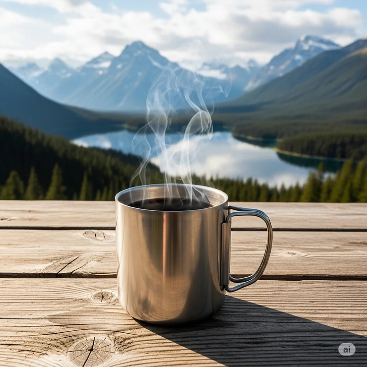 A durable stainless steel camping coffee mug sits on a rustic wooden table with a beautiful scenic backdrop, steam rising from the hot coffee.