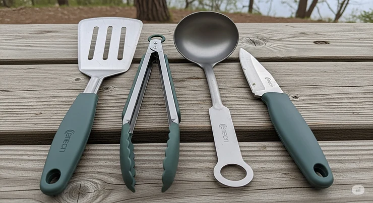 A set of essential cooking utensils from a camping kitchen kit, including a spatula, tongs, ladle, and knife, made from durable, lightweight materials.