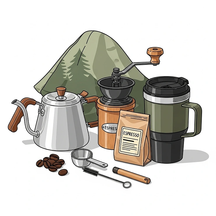 An illustration showing essential accessories for a camping espresso setup, including a small grinder, portable kettle, and a durable travel mug, all packed neatly for a trip.