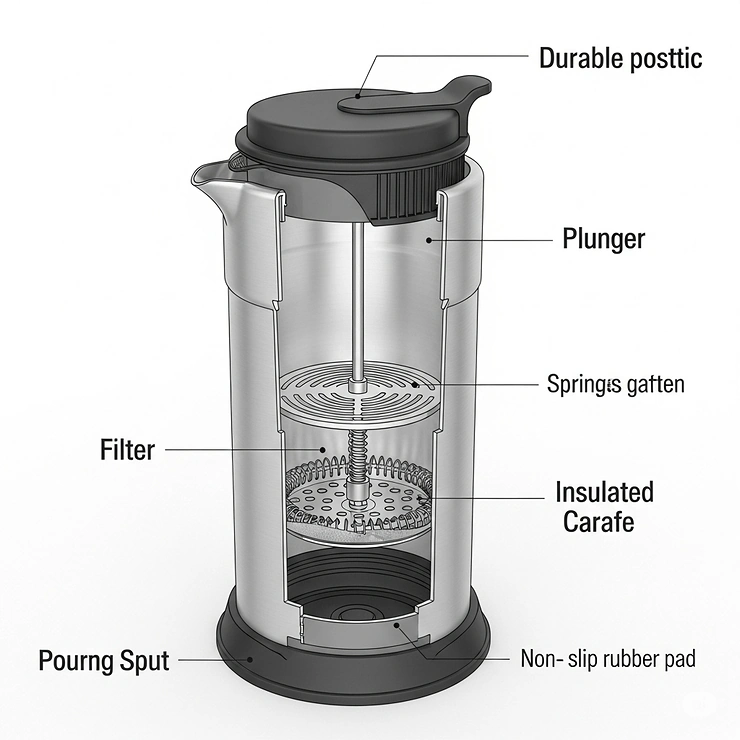 A diagram illustrating the key parts of a camping French press, including the plunger, filter, and insulated carafe.