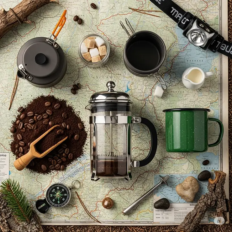 A flat lay image of a complete camping coffee setup with a French press, coffee grounds, and a mug ready for use.