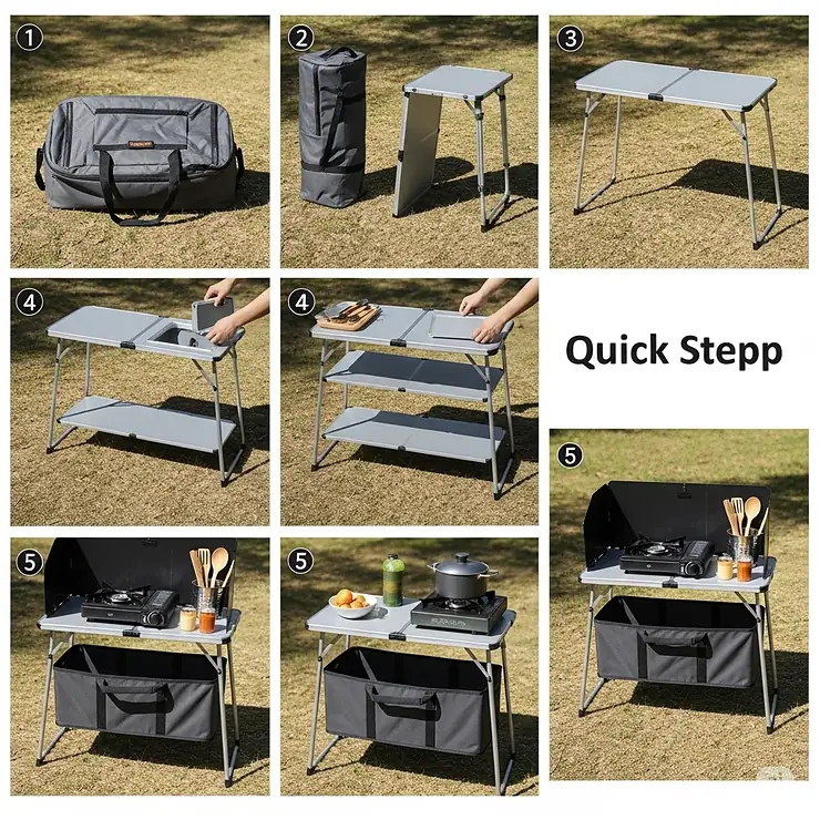 A step-by-step image showing how to quickly set up the foldable camping kitchen.