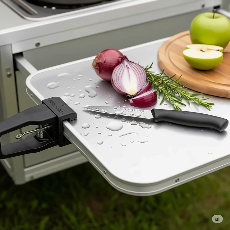 A close-up of the detachable side table of the camping kitchen, used as a preparation area.