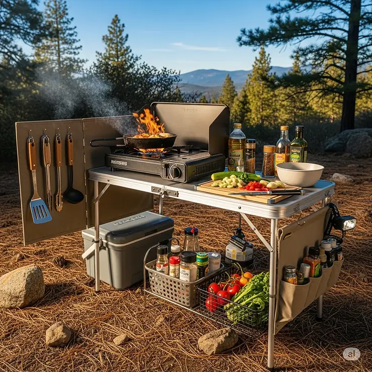 A well-organized portable camping kitchen station setup with a stove, cooking utensils, and food preparation area in a scenic outdoor setting, ready for preparing delicious camp meals.