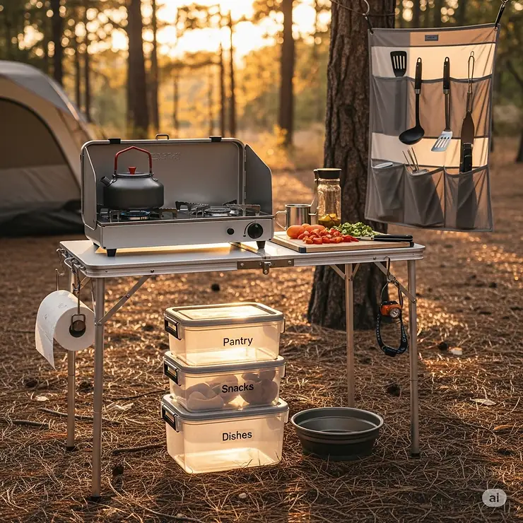 A well-organized camping kitchen setup with a portable table, showing various storage solutions like a hanging organizer and stackable bins to keep cooking essentials neat and accessible. camping kitchen storage