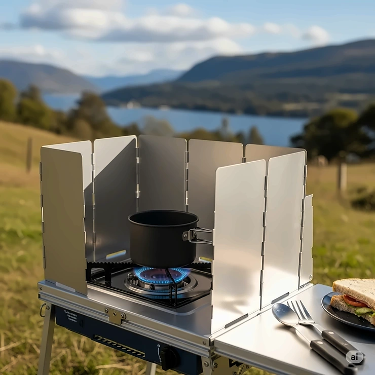 A detailed image highlighting the integrated windscreen of the camping kitchen, protecting a stove from the wind.