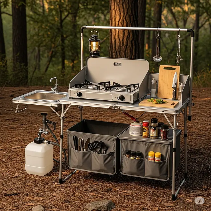 The foldable camping kitchen with a two-burner stove placed on the main cooking surface.