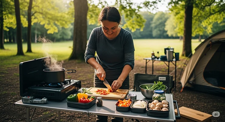 A person preparing a meal at a campsite using items from their kitchen kit, such as a cutting board and a chef's knife, with fresh ingredients nearby.