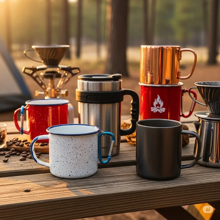 A collection of different types of camping coffee mugs, including enamel, stainless steel, and insulated mugs, showcasing their unique features.