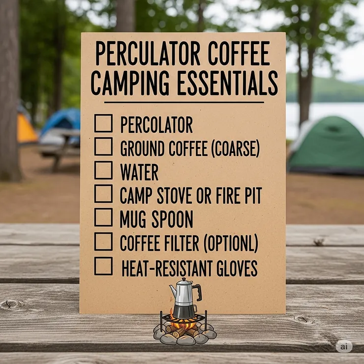 An easy-to-read checklist of essential items needed for making coffee with a percolator on a camping adventure.