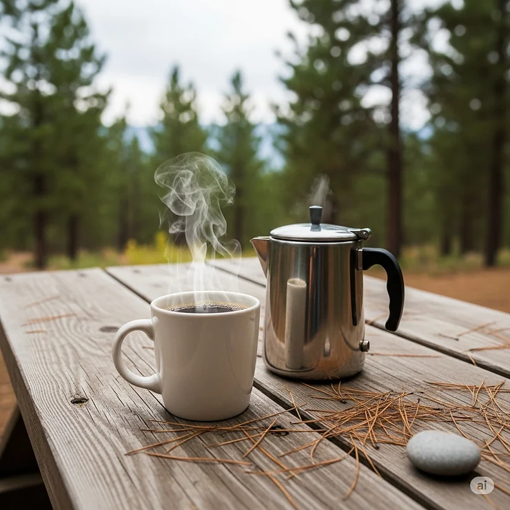 A steaming mug of coffee sits next to a percolator on a rustic picnic table, symbolizing a relaxing moment with delicious coffee during a camping trip.