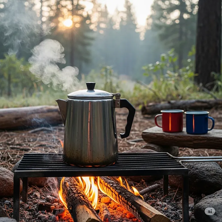 A classic stovetop percolator brews fresh coffee over a campfire, capturing the essence of a perfect morning in the wilderness.