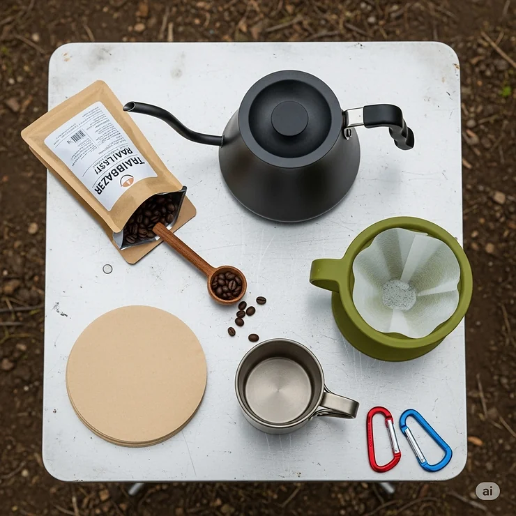 An overhead shot of various camping pour-over coffee accessories, including a gooseneck kettle, dripper, filters, and a bag of coffee beans, laid out on a camp table.