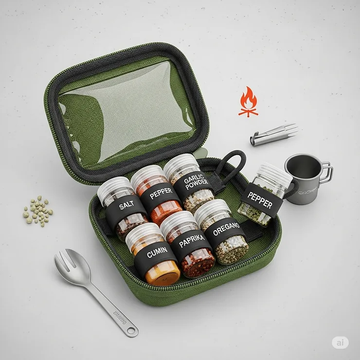 A graphic of a compact camping spice jar kit, showing a small case with individual containers for various seasonings to make camp cooking more enjoyable.