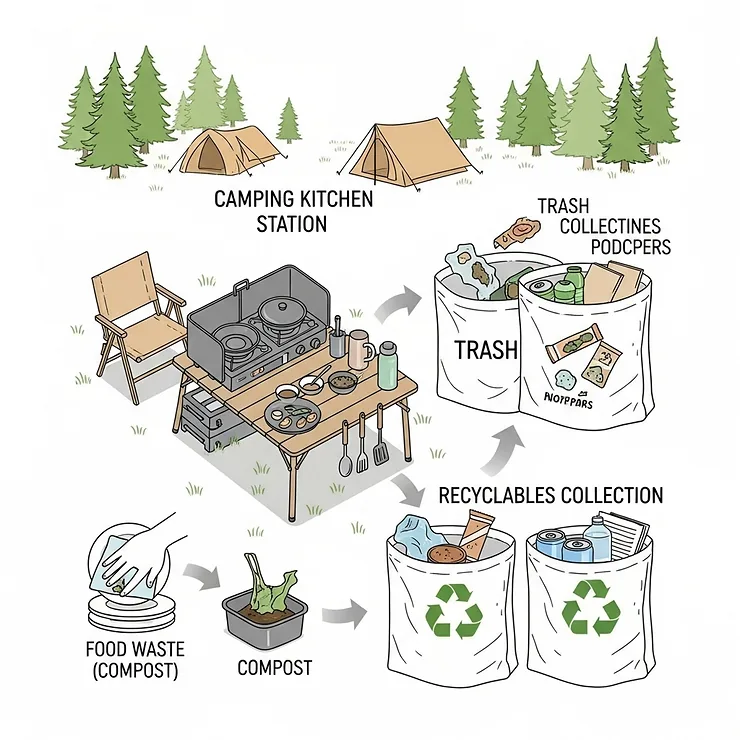 Diagram illustrating a responsible waste management and recycling system for a camping kitchen station, including separate bags for trash and recyclables.