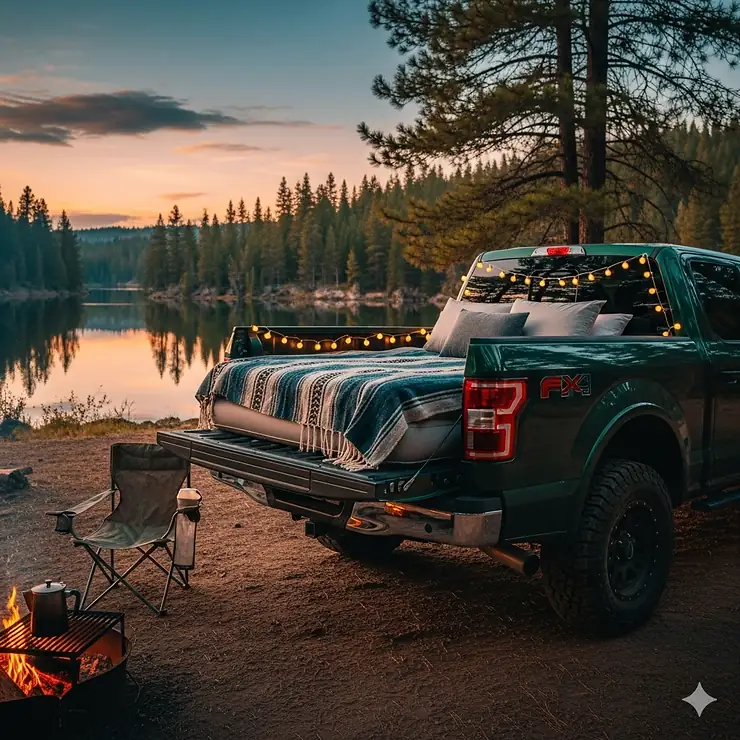 A scenic image of a truck parked at a campsite with a comfortable blow-up mattress set up in the bed, surrounded by nature.