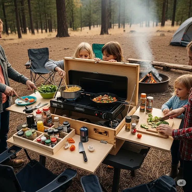 A family using a camping kitchen chuck box as their central cooking station at a campsite, with a portable stove placed on the lid and a meal being prepared.