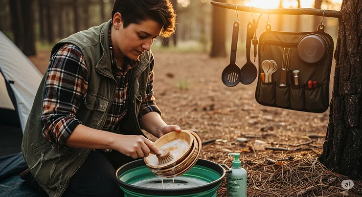 A shot of someone cleaning the reusable plates and bowls from a camping kitchen kit using a small basin and biodegradable soap.