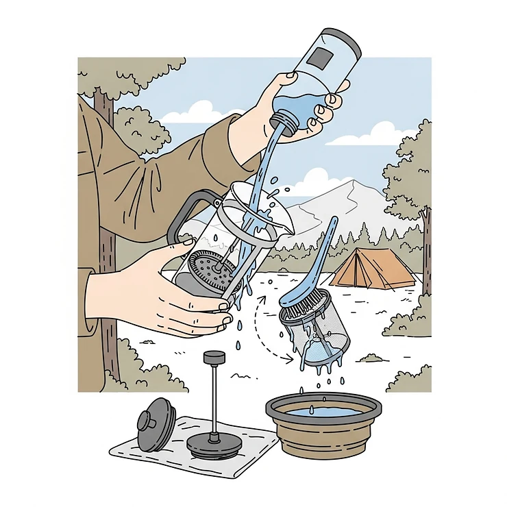 A simple illustration demonstrating how to easily clean a camping French press with water at a remote campsite.