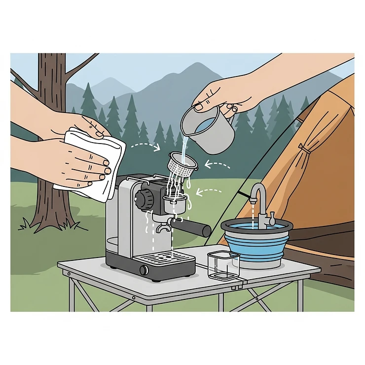 A simple illustration demonstrating the easy cleaning process for a portable espresso machine after use, ensuring it is ready for the next camping adventure.