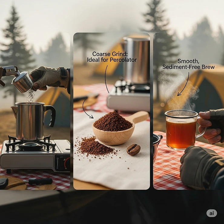 A visual guide showing the ideal coarse grind of coffee beans to use in a percolator for a smooth, sediment-free brew when you're camping.