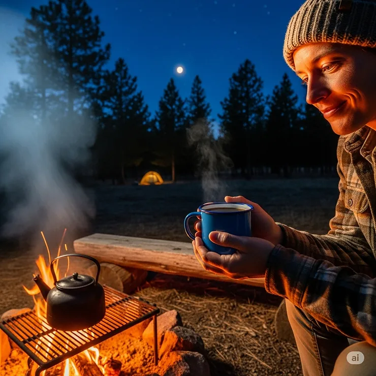 A person holding a camping coffee mug, enjoying a warm cup of coffee while sitting by a campfire at a picturesque campsite.