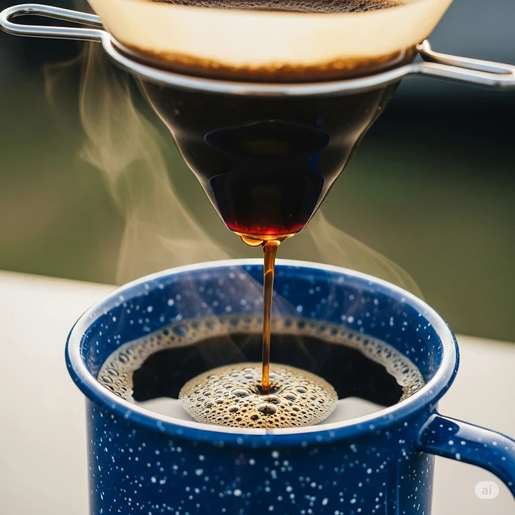 Freshly brewed coffee slowly dripping from a pour-over cone into an enamel camping mug, showing the final stage of making camping pour over coffee.