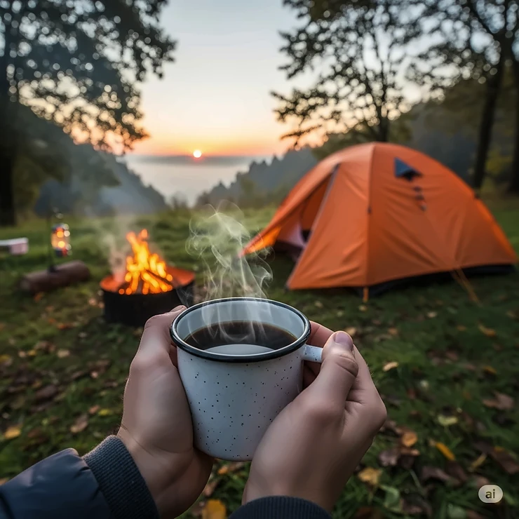 A person holding a steaming cup of freshly brewed coffee in a scenic campsite with a tent and a campfire in the background, a perfect start to a day of camping.