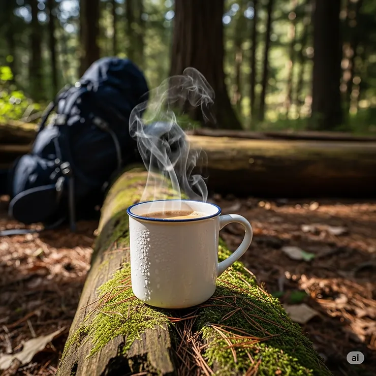 A vibrant photo of a steaming cup of coffee placed on a natural surface like a log or rock, with a scenic forest setting in the background. This shows the peaceful reward of having coffee while backpacking.