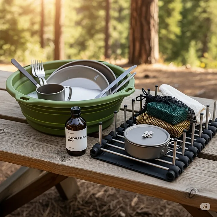 A collapsible basin used as a washing station for dishes, with a small bottle of biodegradable soap and a drying rack.