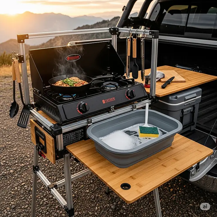 A compact and portable camp kitchen setup, including a two-burner stove and a collapsible sink, ideal for cooking delicious meals while truck camping.