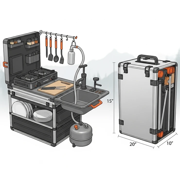 A side-by-side illustration showing the ultimate portable camp kitchen fully expanded and then neatly folded into a compact, easy-to-carry package.
