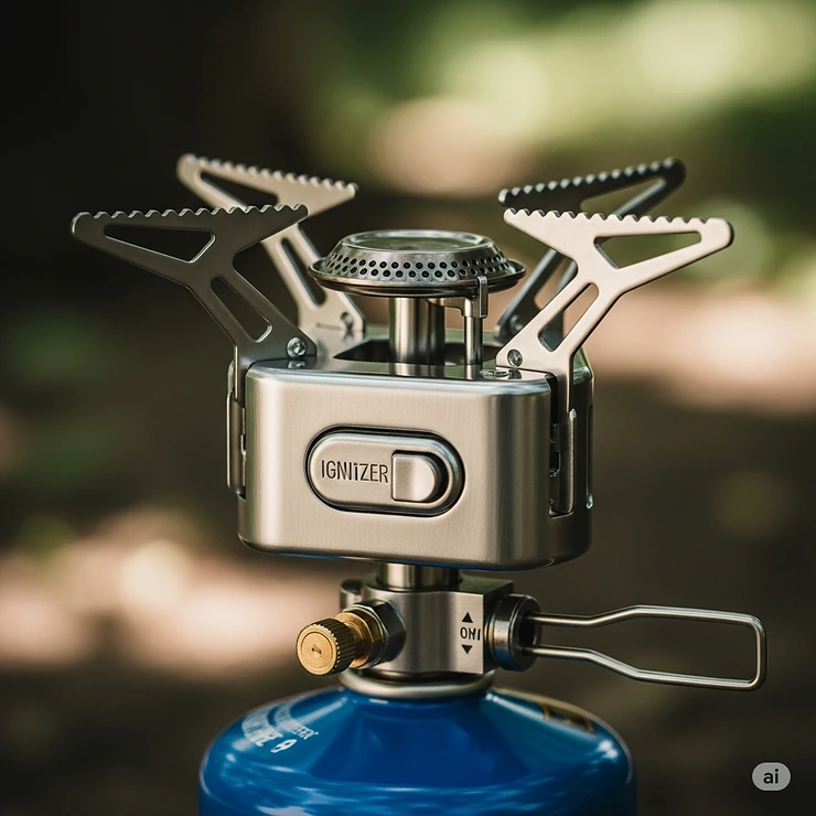 Close-up of a compact, lightweight camping stove, essential for any efficient camping kitchen station.
