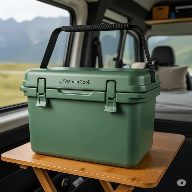 A compact and lightweight cooler designed to fit in the limited space of a small camper van or RV, ideal for solo travelers.