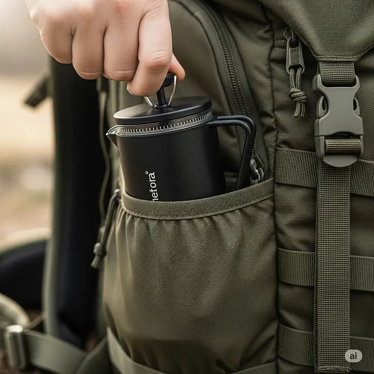 An image showing a compact camping French press being packed into a backpack, highlighting its portability and space-saving design.