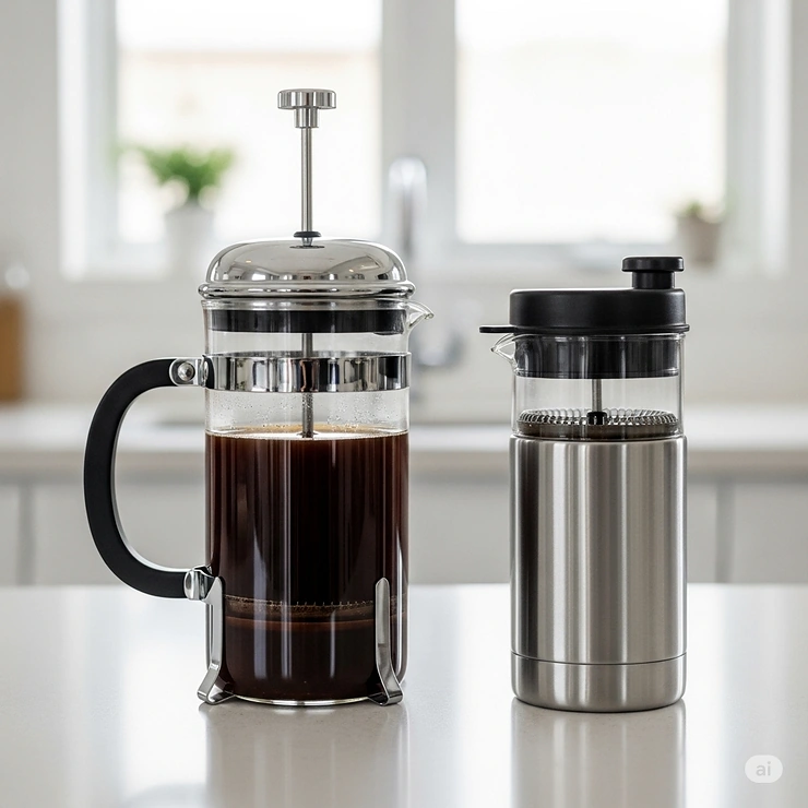 A side-by-side comparison of a standard French press and a compact travel French press, showing its small size.