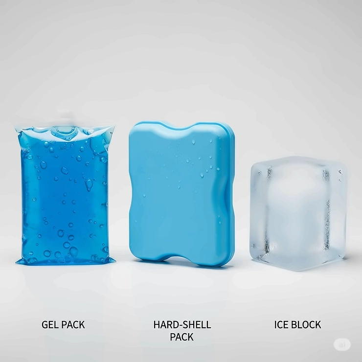 A side-by-side comparison of different types of ice packs, including gel, hard shell, and blocks, showing their various features.